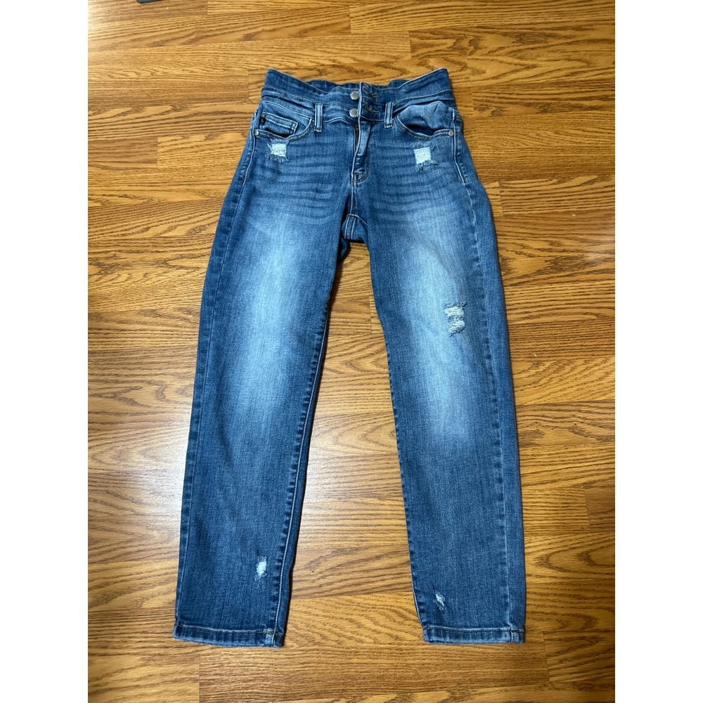 Judy Blue Distressed Straight Leg Jeans Medium Wash Double Button Size 5 27